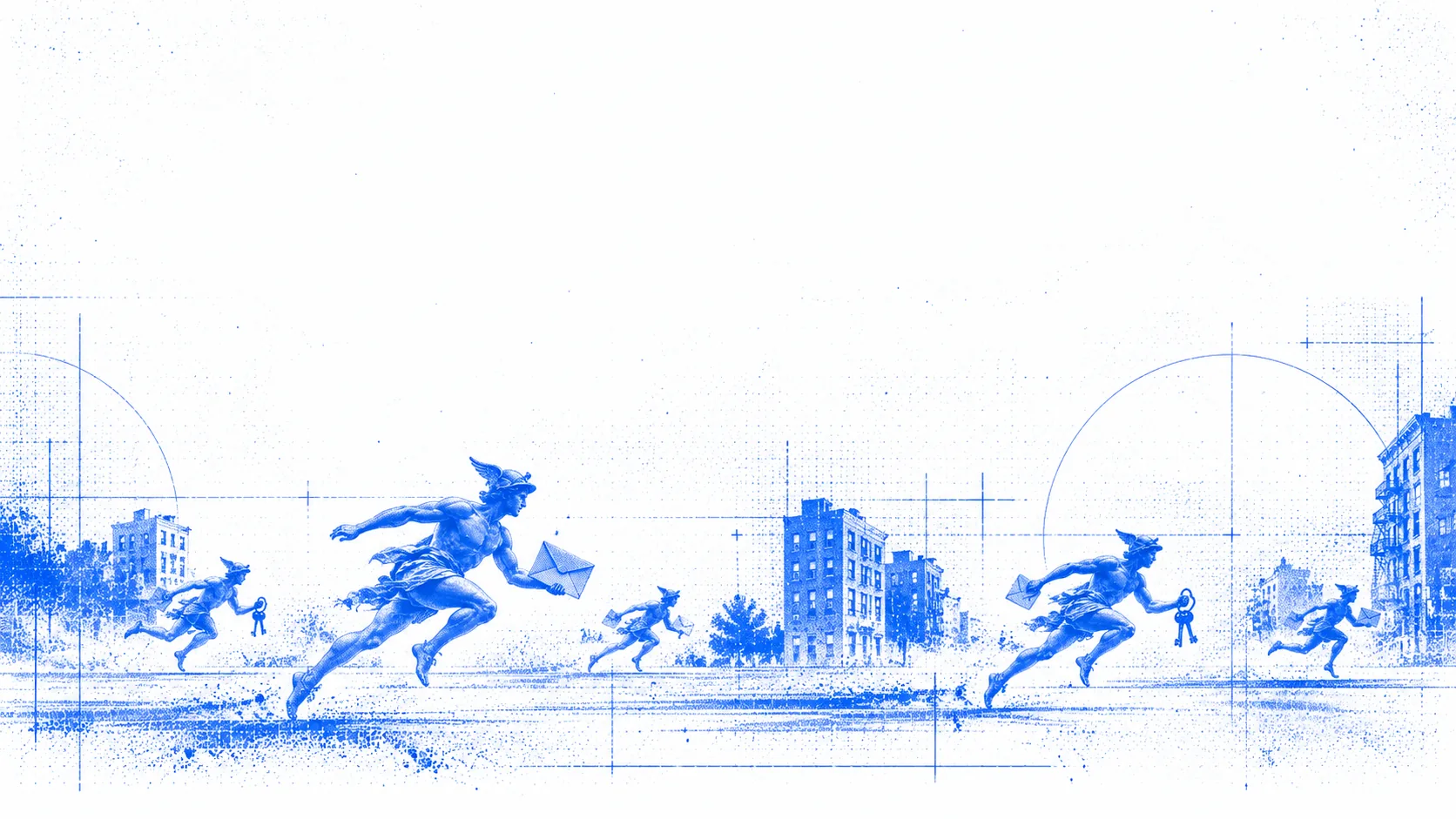Blue print of messengers running between apartment buildings with letters and keys