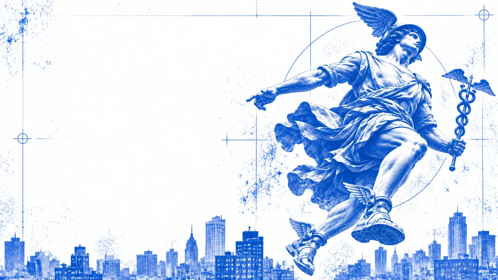 Blue print of Hermes in flight over a city skyline